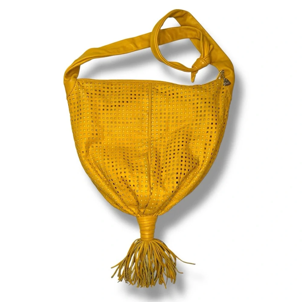 Vintage Retro 1980s Brio! Leather Bag Slouchy Hobo Woven Balloon‎ Purse Yellow